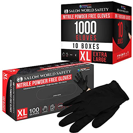 Salon World Safety Schwarze Nitril-Einweghandschuhe, 10 Boxen mit je 100 Stück, Größe XL, 4,0 mm, latexfrei, strukturiert, lebensmittelecht