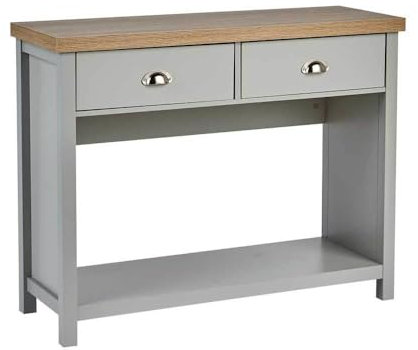 Home Source 2 Drawer Console Side Table Compact Sideboard Storage, Grey, Oak Effect