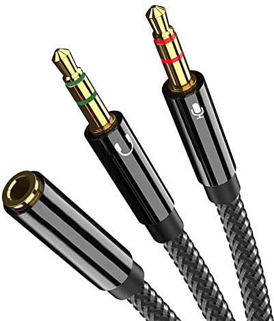 JeoPoom Adaptador de Cable de 3,5 mm, Cable Hembra a Doble Macho para Auricular y Micrófono Separados (22cm)