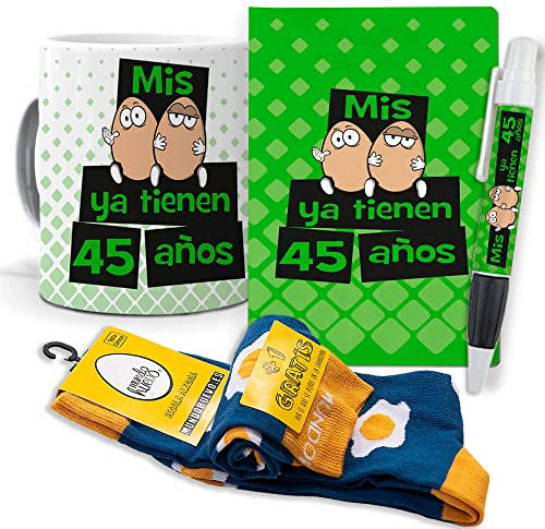 mundohuevo Super Regalo Personalizado para cumpleaños. Mis Huevos ya Tienen 45 años. Taza, libreta, boli y Trio de Calcetines