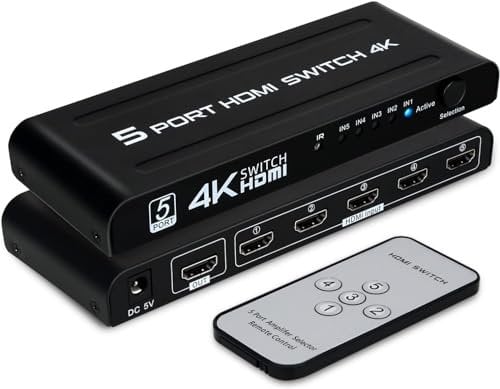 TCNEWCL 4K Switch HDMI 5 entrées 1 Sortie, 5x1 Commutateur 5 Ports avec Télécommande Prise en Charge 4K UHD 3D, Multiprise pour TV DVD PS4 Xbox Lecteur Blu-Ray