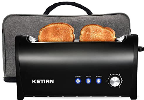 KETIAN Long Toaster, 2 Slice Extra Wide Stainless Steel Space Saving Electric Compact Single Slim Bagel Bread Toaster, 1.65'', Removable Crumb Tray (With Cover)