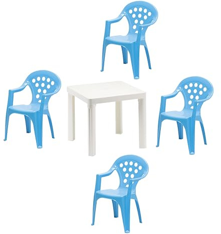 Hline Kinder Garten Sitzgruppe Tisch mit Stühlen Gartenstuhl Sessel (1 Tisch 4 Stühle blau)