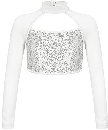Mufeng Girls Glitter Sequins Dance Crop Tops Mesh Spliced Long Sleeve T-Shirt Ballet Jazz Hip Hop Dance Costume Silver 7-8 Years