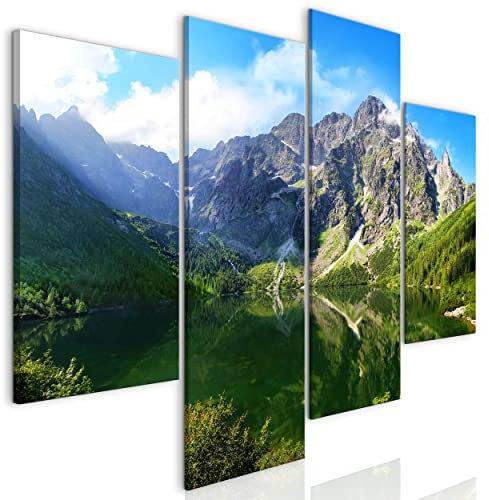 decomonkey Bilder Set Berge 126x98 cm 4 Teilig Leinwandbilder Bild auf Leinwand Vlies Wandbild Kunstdruck Wanddeko Wand Wohnzimmer Wanddekoration Deko Haus Natur Landschaft See Wald Grün Blau Grau