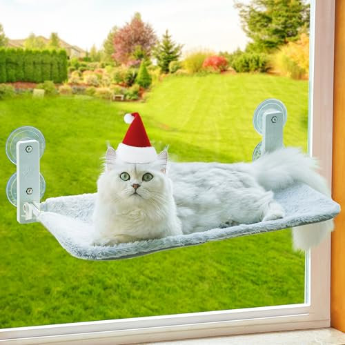 MEWOOFUN Katzen Hängematte Fensterplätze für Katzen 54x30cm Klappbar Katzenbett Fenster mit Stabil Saugnäpfe bis zu 18kg (Grau, Mittel)