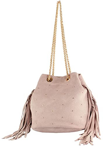 modamoda de T246 Damen Schultertasche Wildleder mit Fransen und Goldkette handmade in Italy, Farbe:T246 Rosabeige