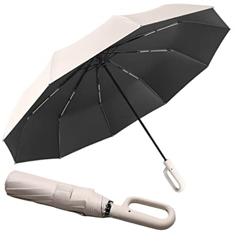 Extra Large Windproof Travel Folding Golf 54‘’ Umbrella Compact Automatic Open/Close,Sun/Rain,99 UV Protection,Lightweight Portable Parasol Outdoor,Perfect Carabiner Handle Design(Off-White)