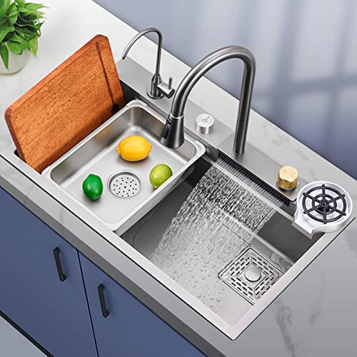 JEWMIA Fregadero de Cocina Fregadero de Acero Inoxidable con Grifo Extraíble Fregadero Bajo Encimera Placa de Acero Engrosada Accesorios Completos,75×45cm