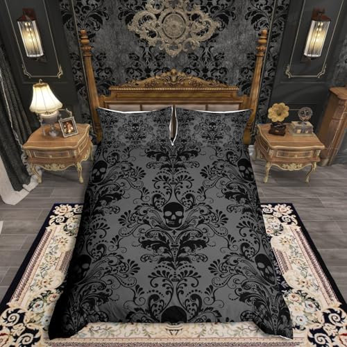 Adults Grey Black Damask Bedding Set Antique Victorian Baroque Duvet Cover King Gothic Vintage Floral Bedding Exotic Sugar Skull Quilt Cover King,Gothic Bone Skeleton Bohemian Decor,Gray
