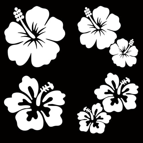 GORGECRAFT 4 Blatt Hibiskusblüten-Autoaufkleber Große Größe Autoaufkleber 6 Stück Hawaii-Blume Sonnenschutz Selbstklebend Autozubehör Automobil-Außendekoration Für SUV Laptop (Weiß)