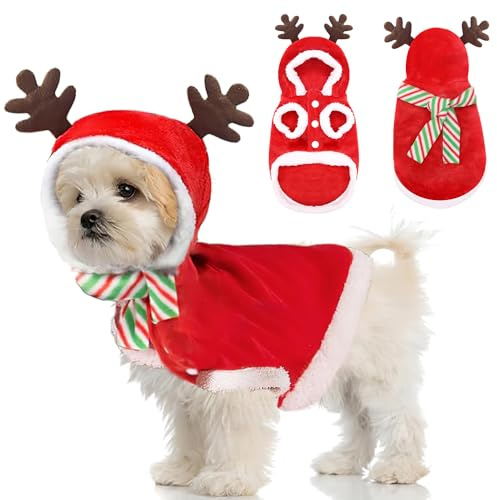 Hunde Katzen Weihnachtskostüm, Haustier Rentier Kostüm Weihnachten Kleidung Hundekleidung mit Schal, Rot Elch Geweih Katzenkostüm Katzenbekleidung Weihnachts Outfit Geschenk für Klein Hund Katze (M)