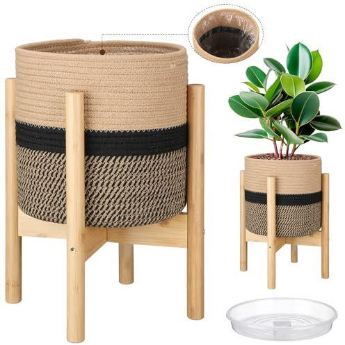 Sunnychicc Plant Basket with Stand Indoor Planter Pot Holder Sturdy Jute Rope Modern Woven Basket, Cotton Rope Woven Pot with Bamboo Stand(10 Inch,Black and Beige Stripes)