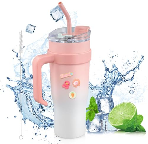 WyldSenc 1200Ml 40Oz Tazza Termica Con Cannuccia,Doppia Parete Acciaio Inox,Tazze Termiche Con Manico,Tazza Da Viaggio Per Auto,Caffè, Tè, Ufficio