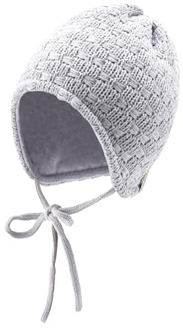 Sterntaler Strickmütze mit Schleifen Muster - Mädchen Beanie, gefüttert mit weichem Baumwollfleece - Winter Babymütze mit Ohrenklappen und Bindeband - Silber, 37