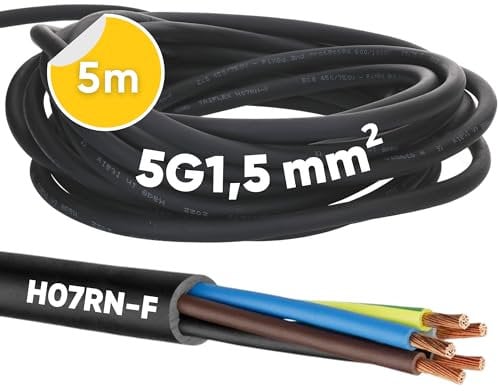 Kalitec H07RN-F 5 x 1,5 mm² Cable de Goma Con Conductor de Protección Para Exteriores I Eléctrico Negro Flexible I Resistente a Los Rayos UV y Al Aceite I de Conexión 5G1,5