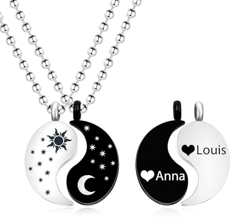 JunyiDIY Male Female Couple Necklace 1 Pair, Yin and Yang Gossip Sun and Moon Pendant Necklace Customized DIY Friendship Necklace Husband Wife Matching Jewelry