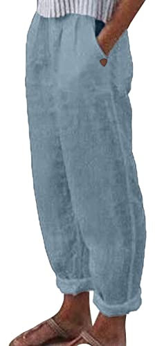 Leinenhose Damen Sommerhose Leicht 7/8 Casual Boho Strandhose Freizeithose Einfarbig Sommer Musselin Stoffhose Gerade Geschnitten Bequeme Luftige Hippie Hose mit Taschen Haremshose Yoga Jogginghose
