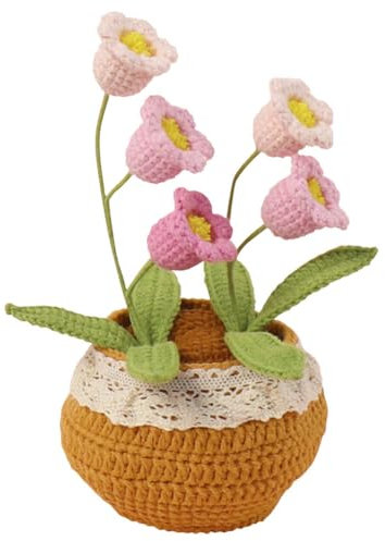 YANGSHINE Fiori artificiali di orchidea a campana lavorati a maglia, grandi orchidee a maglia in vaso, fiori all'uncinetto per libreria, casa, ufficio, tavolo, centrotavola, decorazione auto