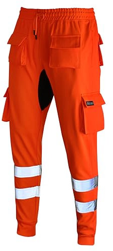 SEA3 Men's Hi Viz Vis High Visibility Fleece Slim Fit Work Cargo Painter Trousers Joggers Bottoms, Orange - L