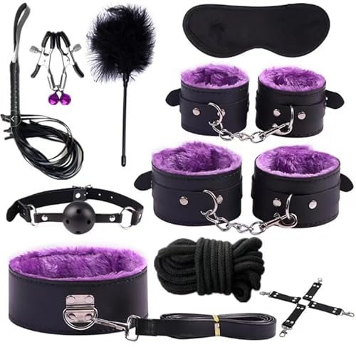 Handschellen Sex Bett Sex Spielzeug für Paare Extrem Erotik BDSM Sexspielzeug Fesseln Sex Set mit Bettfesseln, Handschellen, Augenbinde, Feder Peitsche, Nippelklemmen SM Sex Toys violett (Farbe)