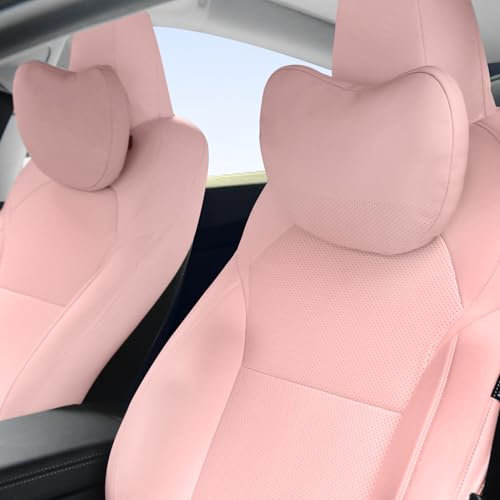 TOPABYTE Oreiller Appuie-tête Mignon pour Siège de Voiture Coussin de Voyage Coussin de Soutien du cou en Cuir Nappa Véritable pour une Conduite Confortable, 2 PC, Rose