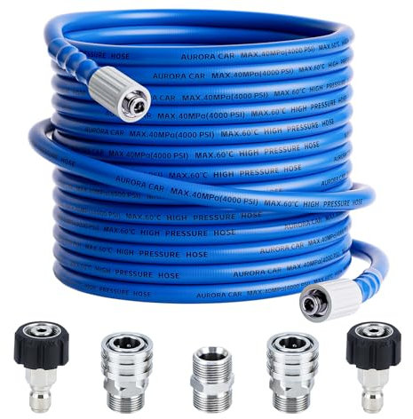 AURORA CAR Pressure Washer Hose 50 FT x 1/4，Kink Resistant Power Washer Hose with M22-14mm and 3/8 Quick Connection Kit，4000 PSI Replacement Power Washer Hose for Electric & Gas