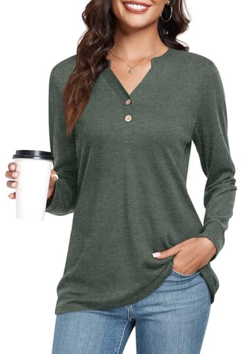 CATHY Womens Long Sleeve Tops Button Up V-Neck Henley Shirts Dressy Casual Tunic Blouses, XL, Dark Green