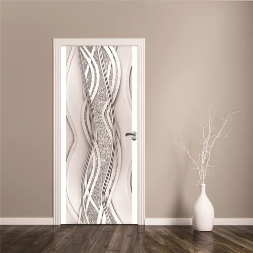 MYIESAXL Sticker Porte Effet 3D Rayures argentées Poster de Porte, PVC Imperméable Papier Peint pour Chambre Salle de Bain Cuisine Décoration Porte Murale, Autocollant Porte(77 x 200cm)
