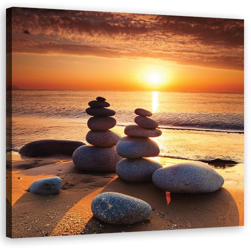 Feeby Leinwand Bilder - Sonnenuntergang Zen-Steine - Canvas 30x30 cm - Deko Wohnzimmer - Wandbilder Schlafzimmer - Deko Aesthetic - Wand Deko - Leinwand Groß - Deko Zimmer - Leinwandbilder XXL