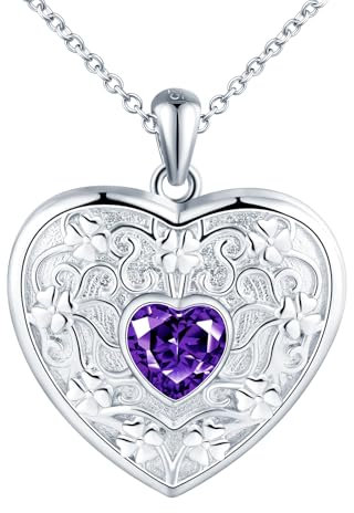 Herz Medaillon zum Öffnen für Bilder Halskette Damen Silber 925 mit Kristalle:Kleeblatt Foto Kette Bilder Anhänger Halskette-Mode Glück Amulett Schmuck-Geschenk für Frauen Mama Freundin Mädchen Lila