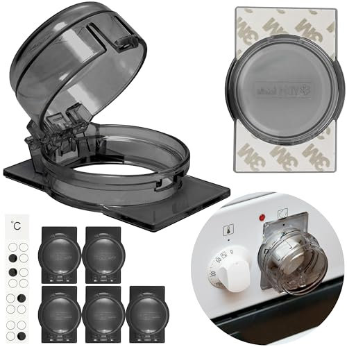 Herdknopf Kindersicherung, 6 Pack, Montage ohne Knopf Demontage, für max. Ø 4,9 cm und 4 cm hohe Herdknöpfe Schutz mit min. 6,1 cm Abstand Mitte-Mitte, Transparent-Schwarz, Herdschutz Baby Sicherung