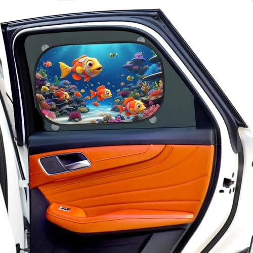 JELLYBABABABY Car Window Shades for Baby | Cooling UV Protector for Kids & Pets | Optimal Darkness with Suction Cups in Universal Size 51 x 31 cm | Rear Side Car Window Tint | Fish Design - Pack of 2