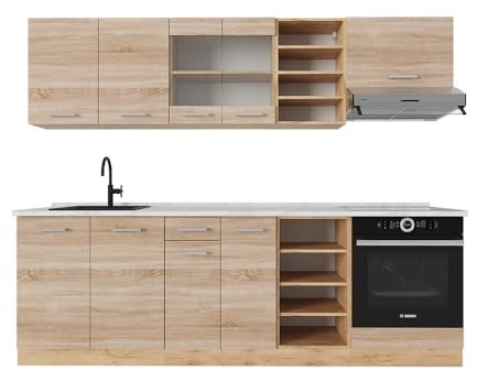 Vicco Küchenzeile R-Line, Küchenblock, Sonoma/Goldkraft Eiche, 240 cm, AP Marmor