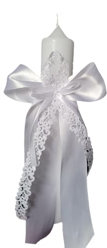 Satin Kerzenschleife Kerzenrock Kerze Schleife in weiß Spitze Tropfenfänger Tropfschutz Taufe Kerzentuch Kommunionkerze Taufkerze Hochzeit Konfirmation Kommunion