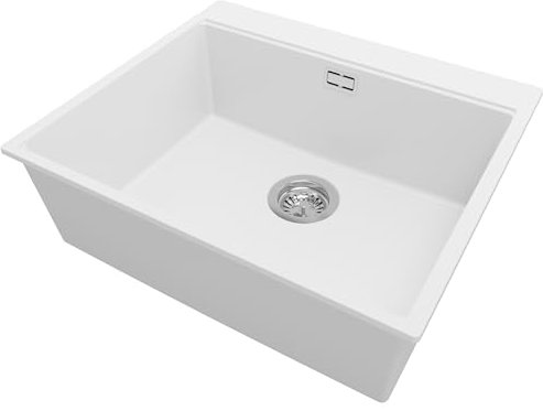 PRIMAGRAN Evier Cuisine en Granit Noir 58x50cm, Lavabo 1 bac + Kit de Vidage, Évier à Encastrer au meuble 60cm - Oslo