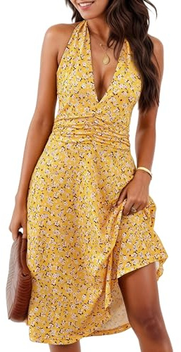 Timuspo Sommerkleid Damen Knielang V-Ausschnitt Neckholder Kleid Midi Rüschen Blumenkleid Ärmellos Sommerkleider Partykleid Boho Kleider mit 2 Taschen