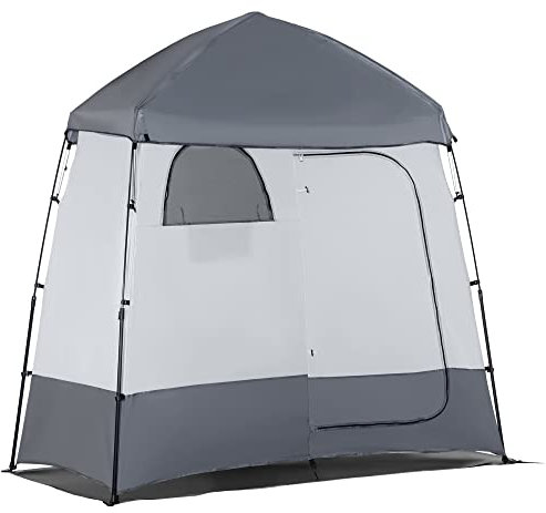 Outsunny Tente de Douche Pop-up, Tente de Toilette Installation instantanée, Portable avec Sac de Transport, 3 Portes, 2 fenêtres, Crochets, Poches, pour extérieur, 220 x 125 x 230 cm, Gris Clair