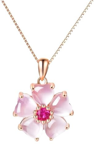 IMINI Collier ras du cou délicat en fleur de cerisier en quartz rose et cristal pour femme – Pendentif réglable en plaqué or rose en forme de cœur, hypoallergénique, léger, cadeau floral, taille S