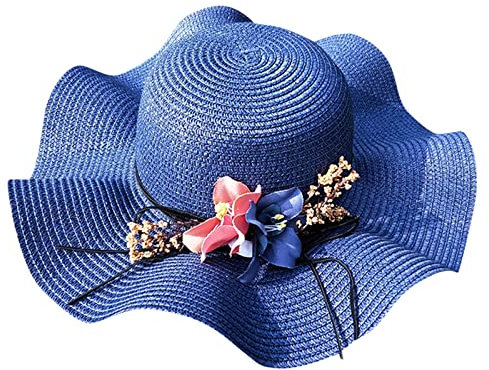 Generisch Sombrero de paja para mujer, sombrero de paja con flores, para exteriores, gran alero, protección solar, sombrero de playa, sombrero de paja para hombre, marine, Talla única
