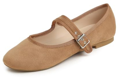 Feversole Women's Soft Breathable Mary Jane Memory Foam Cushioned Comfort Round Toe Metal Buckle Flats Walking Shoes Camel Suede Size UK 6.5