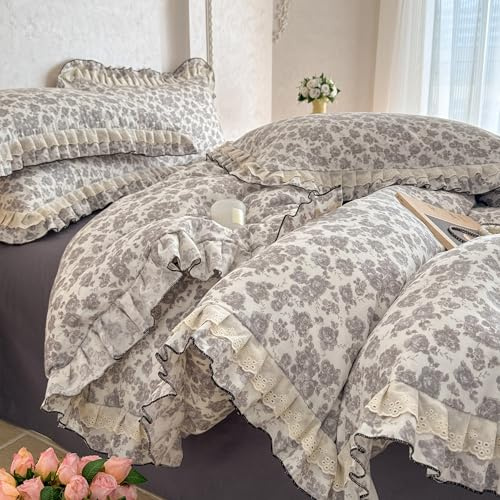 GETIYA Weiß Dunkelgrau Vintage Blumen Bettwäsche 135x200 Mädchen Damen Bettwäsche Baumwolle Doppelgarn Rüschen Bettbezug Blümchen Muster Baumwollgarn Deckenbezug mit 1 Kissenbezug 80x80