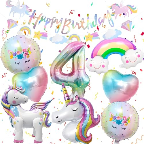 13 Stück Rosa Luftballon Einhorn Geburtstagsdeko 4 Jahre Mädchen,Party Deko | 3D Einhorn Stehender Folienballon, mit Zahl 4/Regenbogen/Herz/Banner, für Kindergeburtstag, Einhorn Thema Festival Party