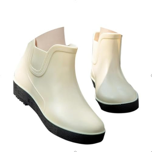 FGUUTYM Stivali di gomma da pioggia, da donna, impermeabili, antiscivolo, in gomma, da giardino, extra large, da lavoro, da pesca, beige., 35 EU