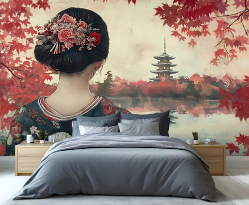 YXQAIED Tapete im japanischen Stil, rote Ahornblätter für Wohnzimmer, nicht selbstklebend, japanische Geisha, Schlafzimmertapete, schöne Frau, 3D-Wandbild und Heimdekor-Poster, 100 x 70 cm