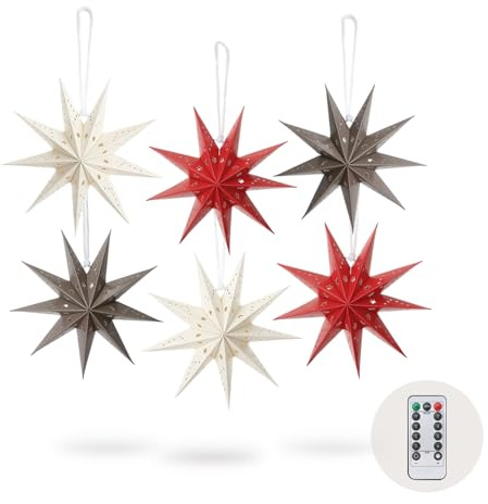 Festicy Lichterkette Sterne I mit 6 Papiersterne zum Aufhängen Ø 20cm I LED Stern, USB-Anschluss, Fernbedienung & Timer I Weihnachtsstern mit Beleuchtung I LED Weihnachtsstern flexibel & nachhaltig