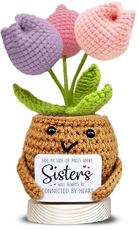 VELENTI Crochet Sunflower Sister Gift – Handmade Flower Pot Plush with “Connected by Heart” Message, Long Distance Sister Gift, Cute Sister Birthday Present, Sentimental Keepsake Décor