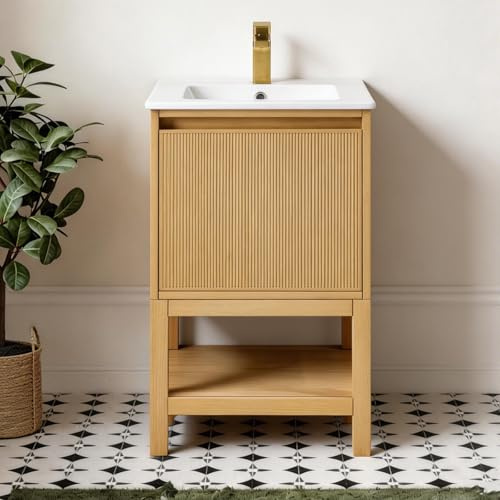Eleshine 20 Inch Bathroom Vanity with Sink, Oak Fluted Cabinet | Partially Pre-assembled Freestanding Storage, Soft-close Door, Ceramic Basin and Compact Design for Small Bathrooms