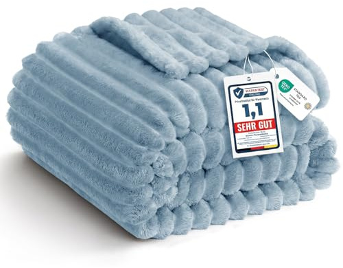 WAVVE Kuscheldecke 220x240 cm - Grau Blau - Weiche Flanell Fleecedecke, Sofadecke & Couchdecke, Warme Korddecke für Wohnzimmer Deko, Sofaüberwurf Tagesdecke, XXL Große Decke