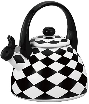 Teekanne mit Emaille Teekanne und Wasserkocher für Herd Gasherd Induktionskochfeld, 2,2 Liter - Gourmet Art Diamond Check Design